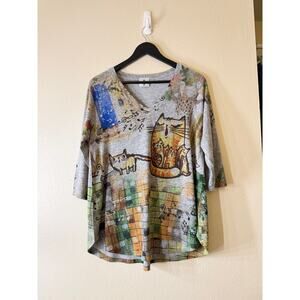 Inoah Cat Print Top Size Small Artsy Graphic Tee Music Notes Boho Made USA